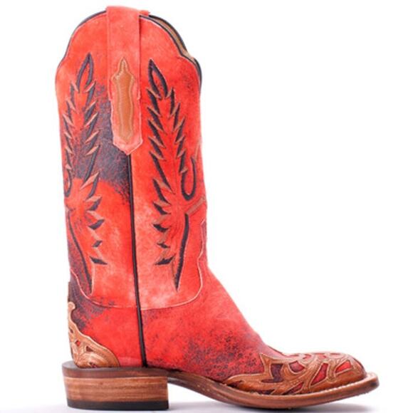 Lucchese Red Suede Hand Tooled Filigree Wingtip Square Toe Western Boot size 7.5 - Picture 2 of 12